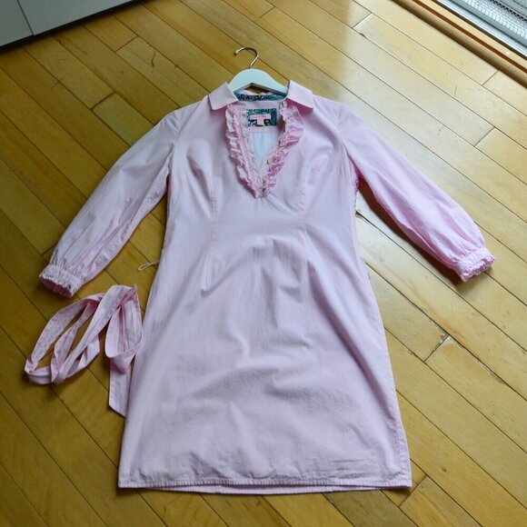 Lilly Pulitzer Pink Pinstripe Ruffle Collar Dress Long Sleeve Size 0 - Picture 1 of 14